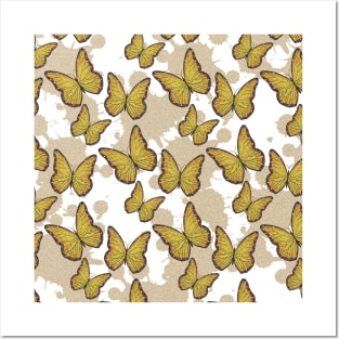 cute girly yellow butterfly pattern with a splash paint background Posters and Art